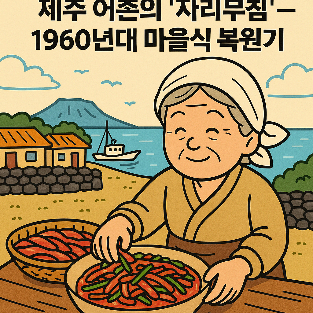제주 어촌의 할머니가 전통 방식으로 자리무침을 무치고 있는 모습. 1960년대 마을식 조리법 복원을 표현한 이미지