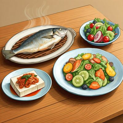 채소와 생선, 두부로 차린 식탁