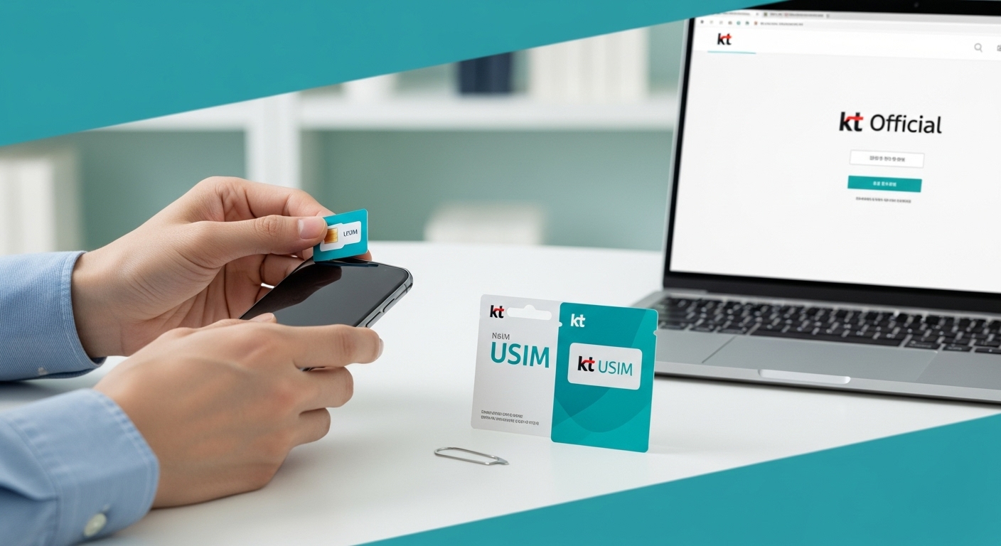 KT 유심 카드를 스마트폰에 삽입하고 있는 손, 주변에는 유심 패키지와 유심 핀이 놓여있는 모습.