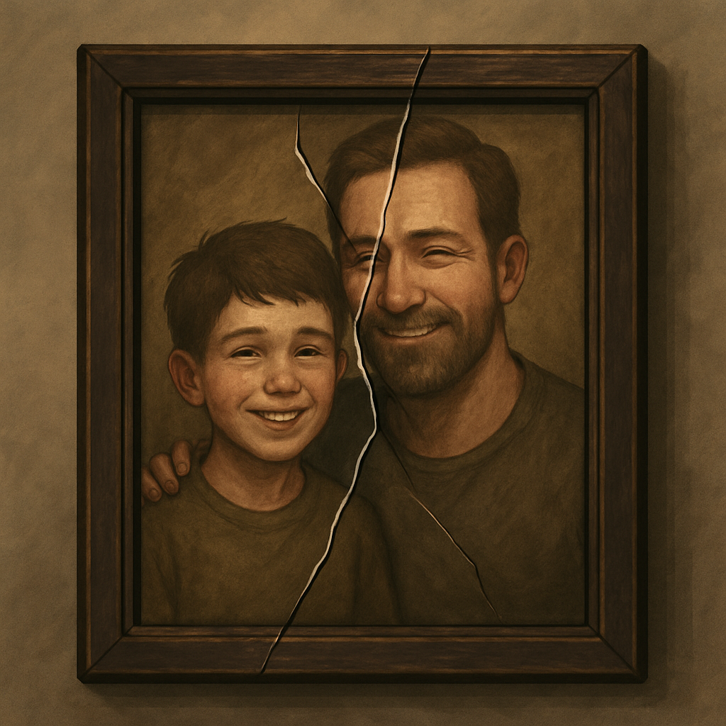 금이 간 액자 속 아버지와 아들의 사진, 관계의 파탄을 암시하는 이미지
