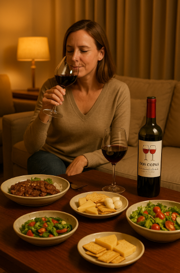 도스 코파스 와인과 함께 차려진 저녁식사 테이블, 불고기, 간단한 샐러드, 치즈 플레이트가 세팅되어 있는 모습