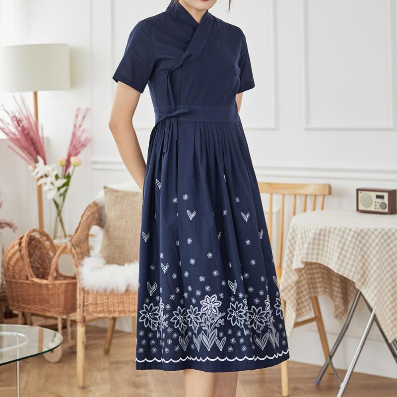 여름생활한복 반팔철릭원피스 하트자수 네이비