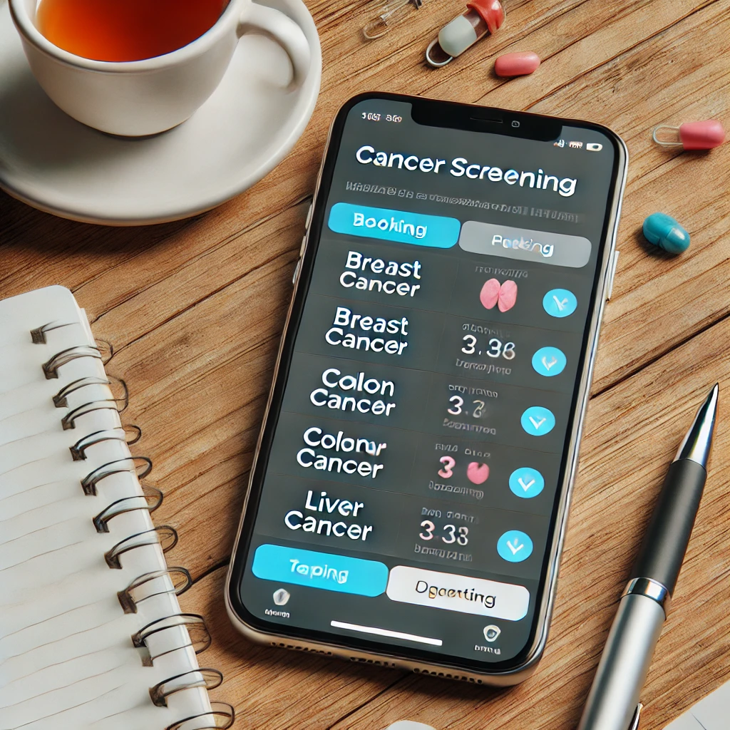 스마트폰 화면에 암 검진 옵션이 표시된 모습. 유방암&amp;#44; 대장암&amp;#44; 간암 검진 항목이 나열되어 있으며&amp;#44; 나무 책상 위에 놓인 노트북&amp;#44; 펜&amp;#44; 차 한 잔이 배치된 정돈된 배경