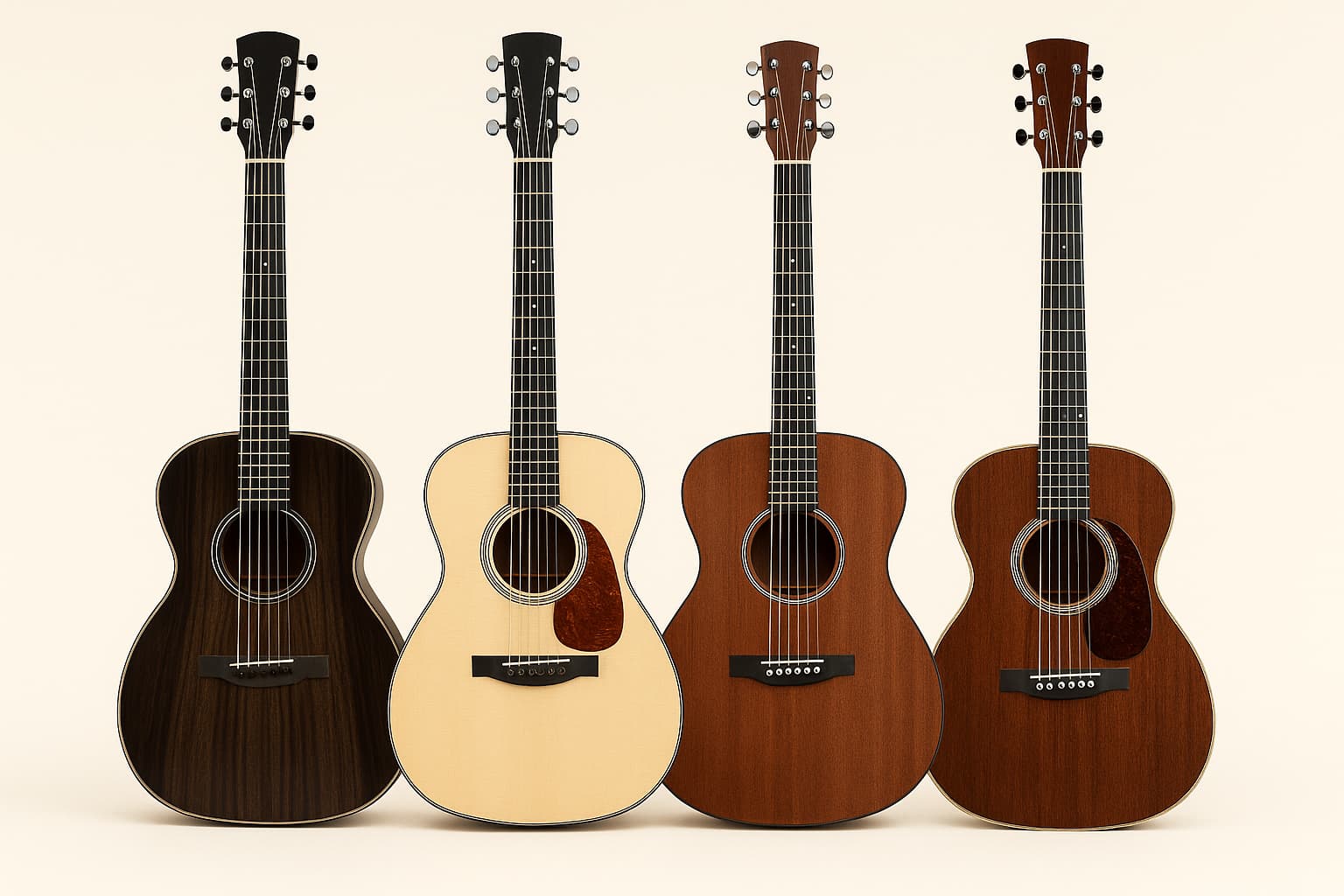 다양한 지판과 바디 조합의 어쿠스틱 기타 비교 이미지