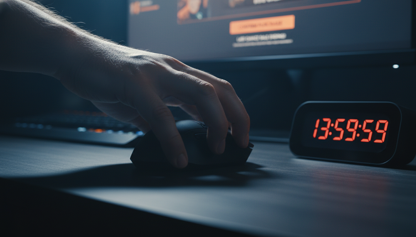 온라인 텀블러 구매 광클을 위해 59초에 맞춰 마우스를 클릭하는 긴장감 넘치는 모습