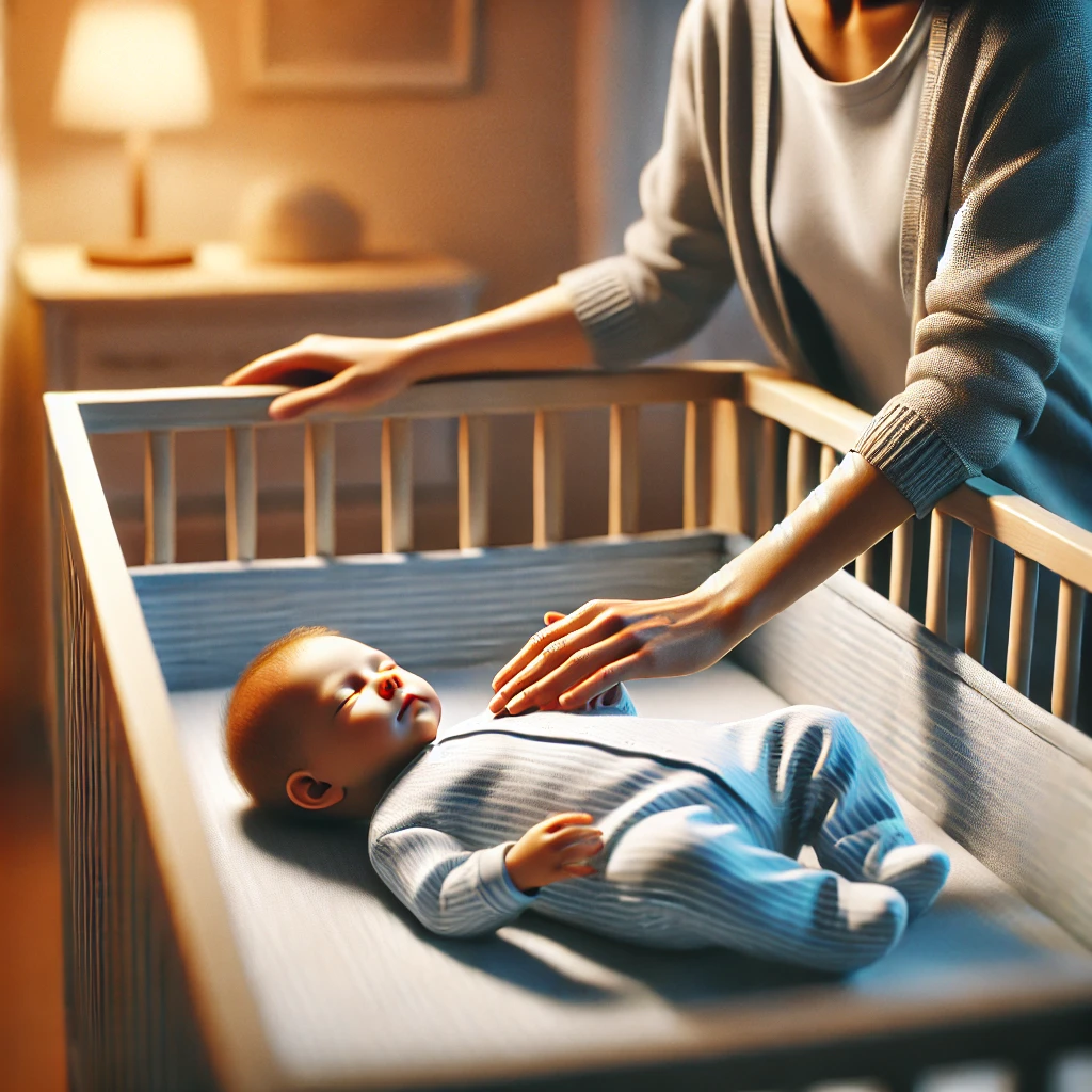 부모가 신생아의 자율 수면 습관을 길러주는 모습