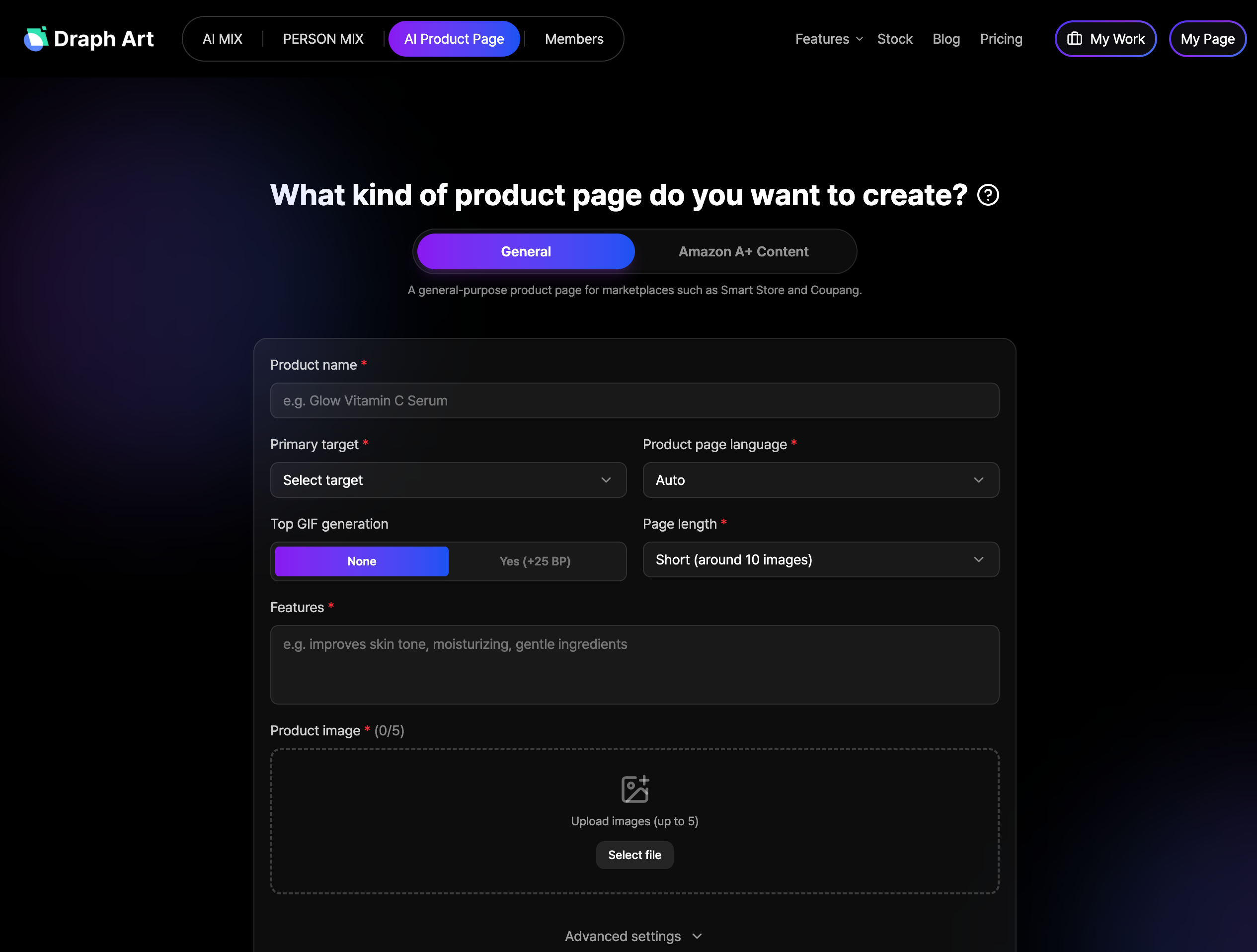 Screenshot of Draph Art’s AI product detail page feature in use, an AI tool that automatically generates product detail pages for online stores.