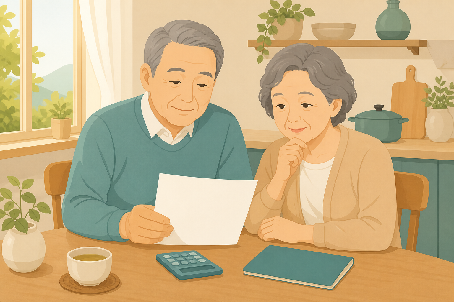 부엌 식탁에 앉은 노년 부부가 계산기와 통장을 옆에 두고 서류 한 장을 함께 살펴보는 삽화