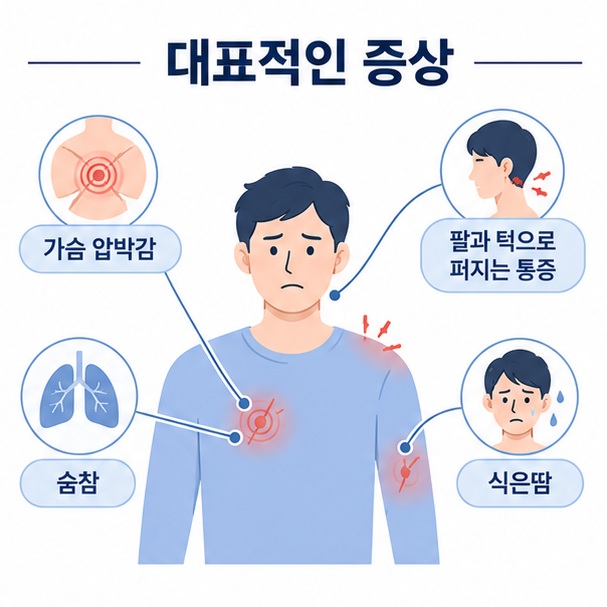 가슴 압박감과 팔, 어깨, 목, 턱으로 퍼지는 통증, 숨참과 식은땀 등 심근경색의 주요 증상을 정리한 이미지