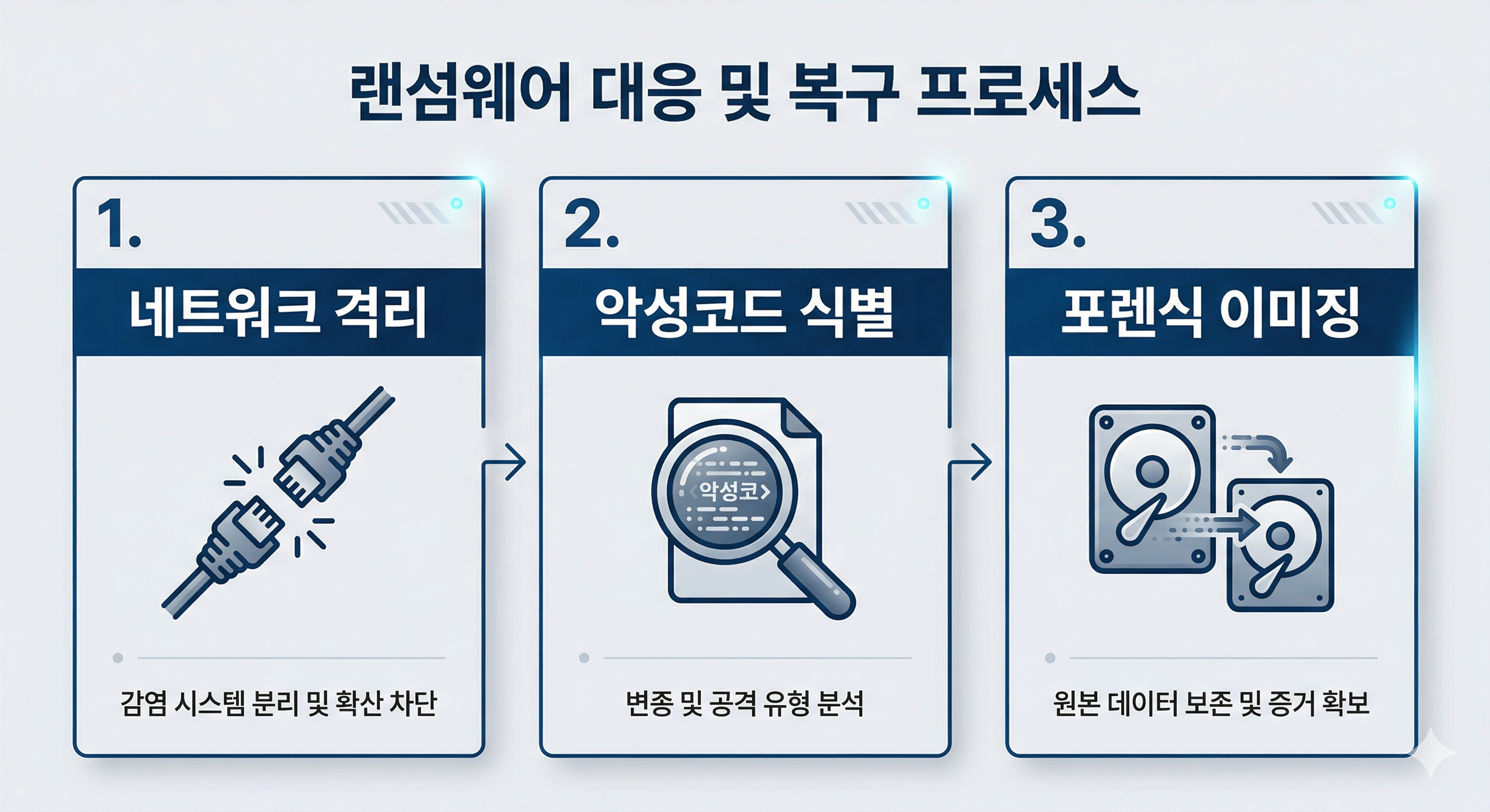 랜섬웨어 복구 분석과 관련된 핵심 내용인 네트워크 격리, 악성코드 식별, 포렌식 이미징 과정