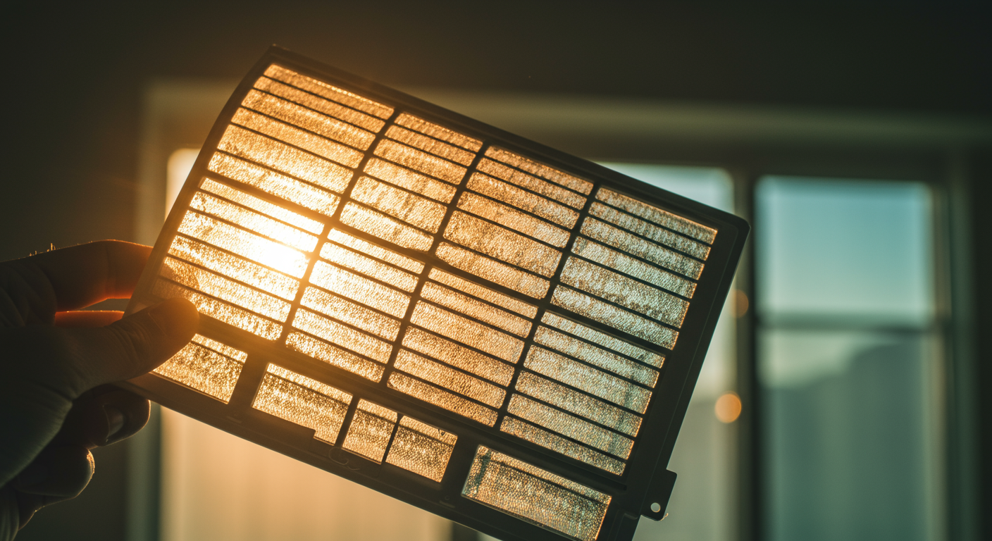 깨끗하게 청소된 창문형 에어컨 필터를 들고 있는 손의 클로즈업 사진. 필터의 깨끗함과 시원함이 강조됩니다.