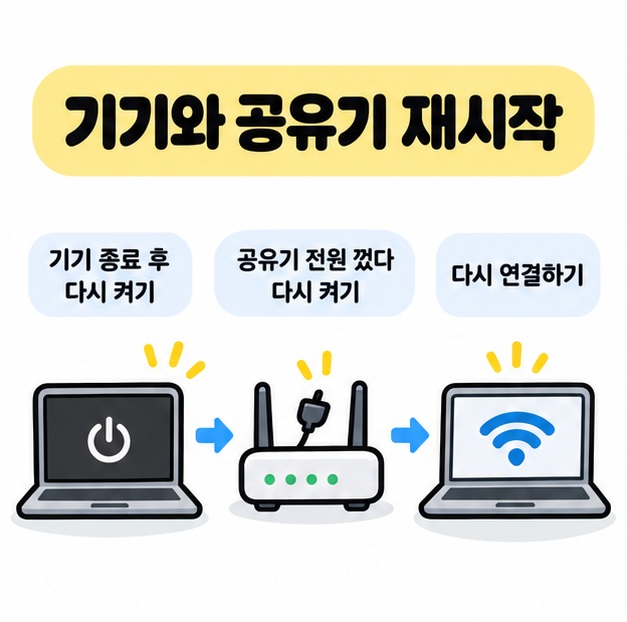 노트북과 공유기를 순서대로 재시작하고 와이파이를 다시 연결하는 점검 과정을 보여주는 카드