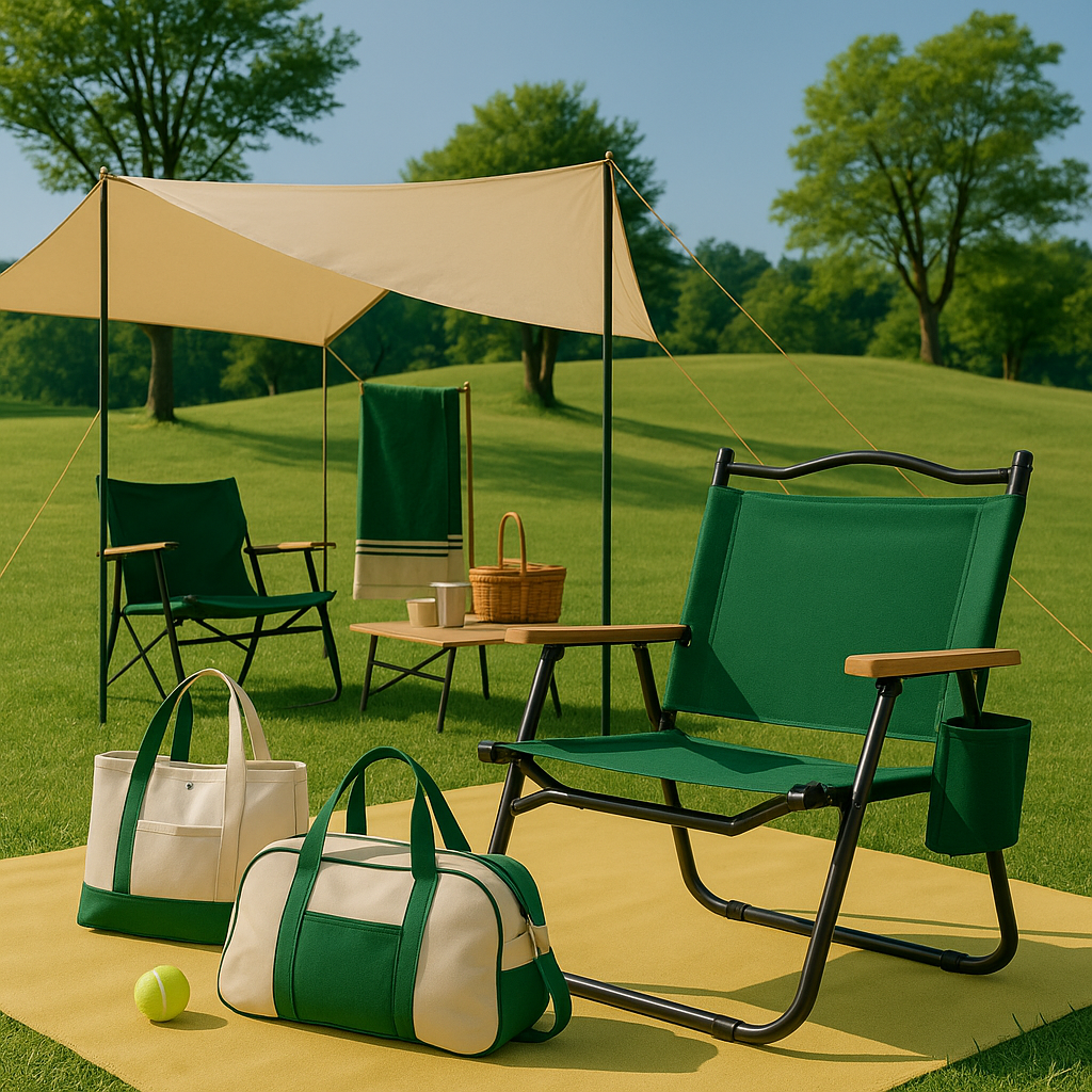 2025 스타벅스 여름 프리퀀시_의자, 대바구니, 캠핑탁자와 캠핑가방이 놓인 캠핑 관련