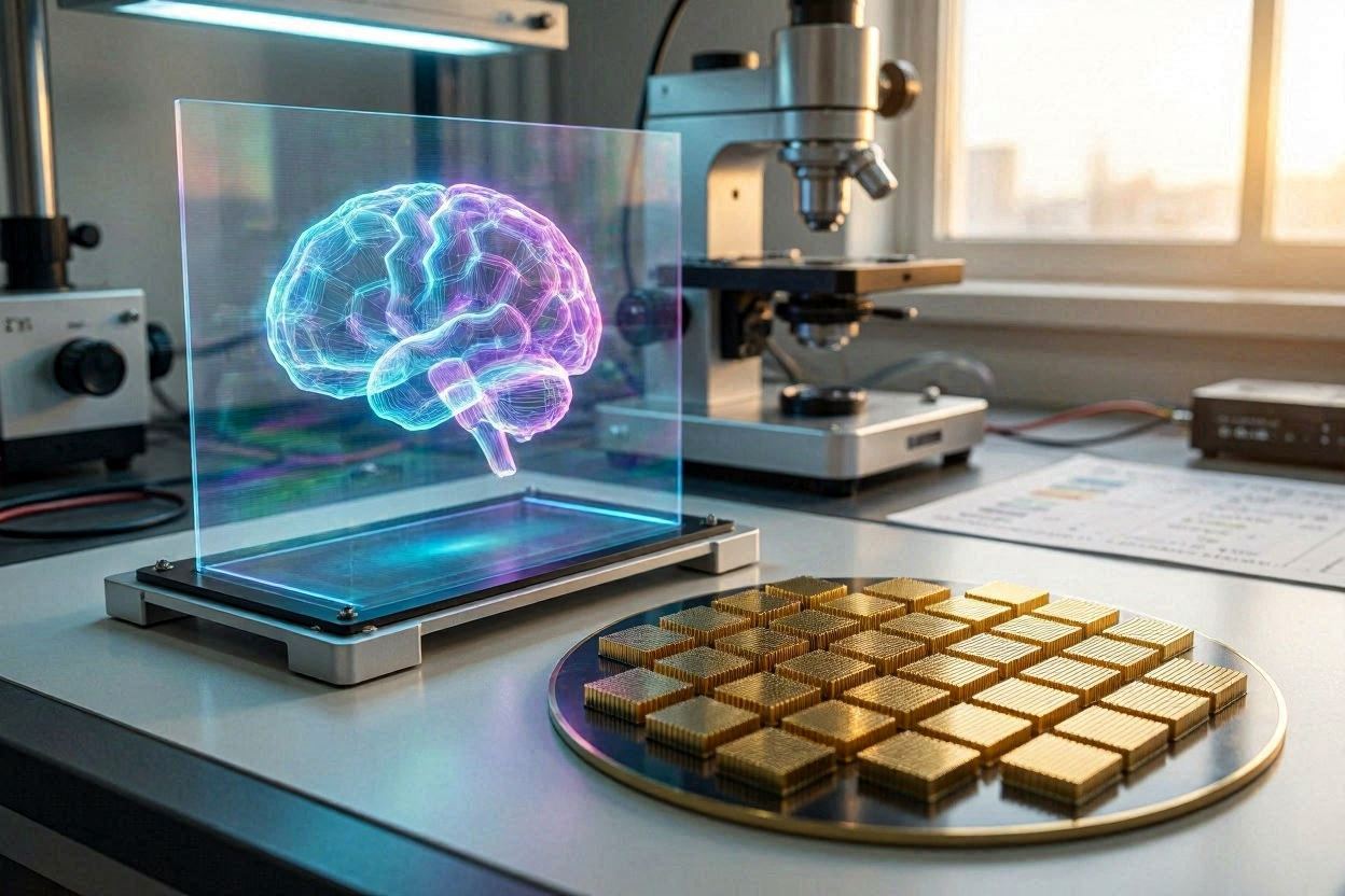 A visual representation of a microscopic metalens surface manipulating light for a 2D-3D display.