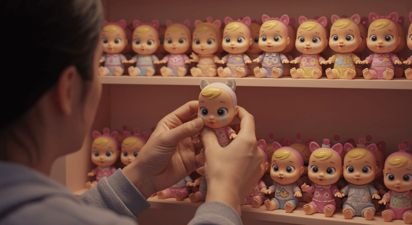 성인 콜렉터가 크라이베이비 인형을 전시 선반에 정리하는 장면 2