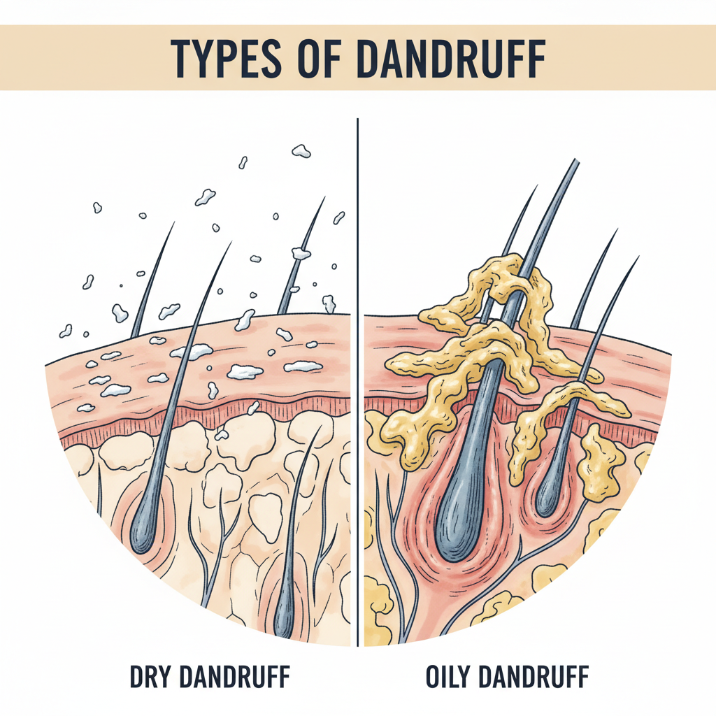 건성 비듬과 지성 비듬의 크기와 형태를 비교하는 일러스트