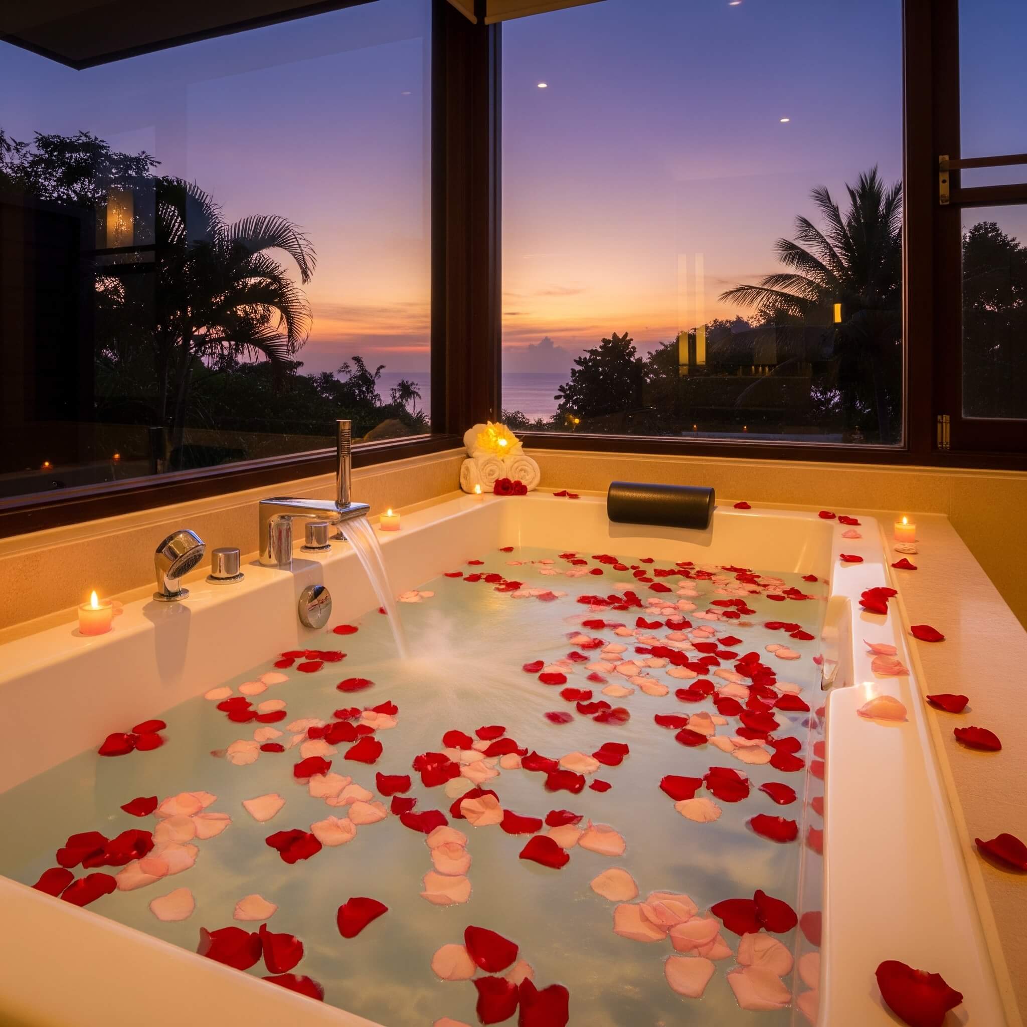 커플여행에서 로맨틱한 장미꽃잎이 띄워진 욕조