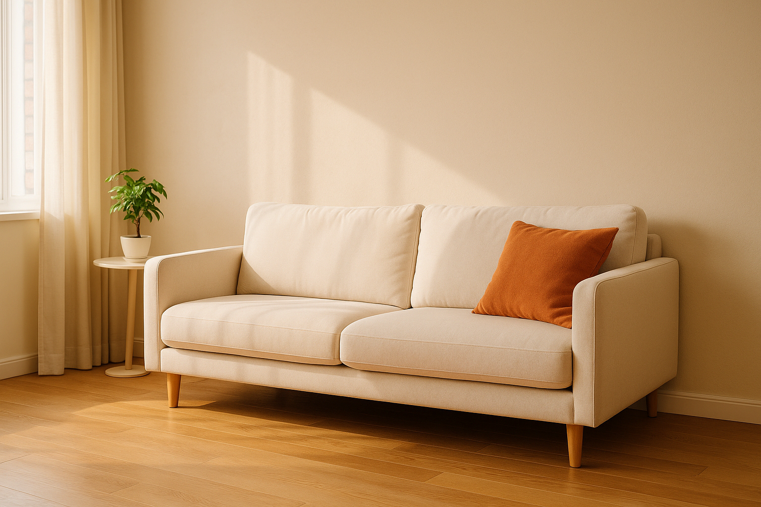 베이지톤 벽과 따뜻한 오렌지빛 쿠션이 조화를 이루는 거실 인테리어