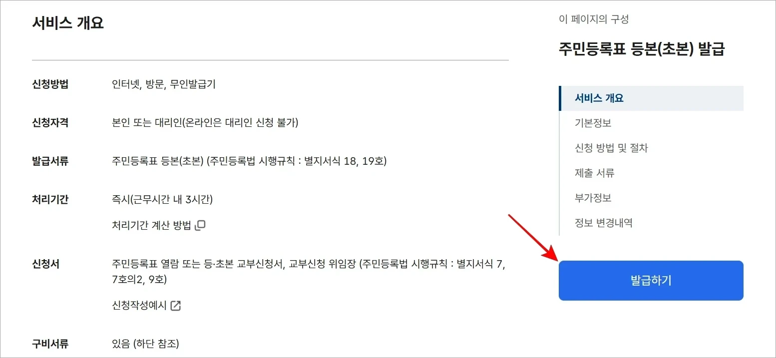 서비스 정보를 확인하고 '발급하기'를 선택