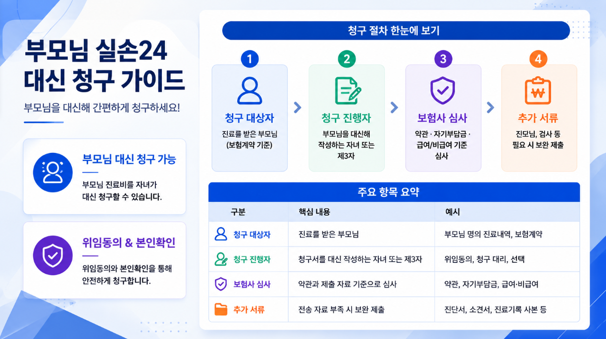 부모님 실손24 대신 청구 절차와 주요 확인 항목을 정리한 16대9 인포그래픽