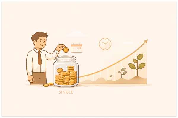 장기 적립식 투자와 복리 효과를 표현한 따뜻한 베이지 톤의 2D 일러스트