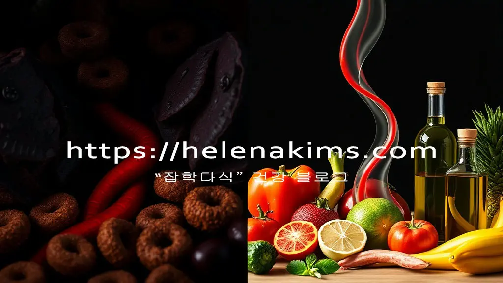 왼쪽에는 트랜스지방이 많은 도넛과 탁해진 혈액.
오른쪽은 건강한 혈관과 싱싱한 채소, 과일, 올리브 오일이 놓인 모습.