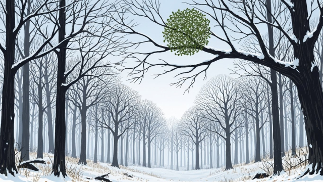 겨울 산에서 나무에 둥글게 붙어 자라는 겨우살이 모습