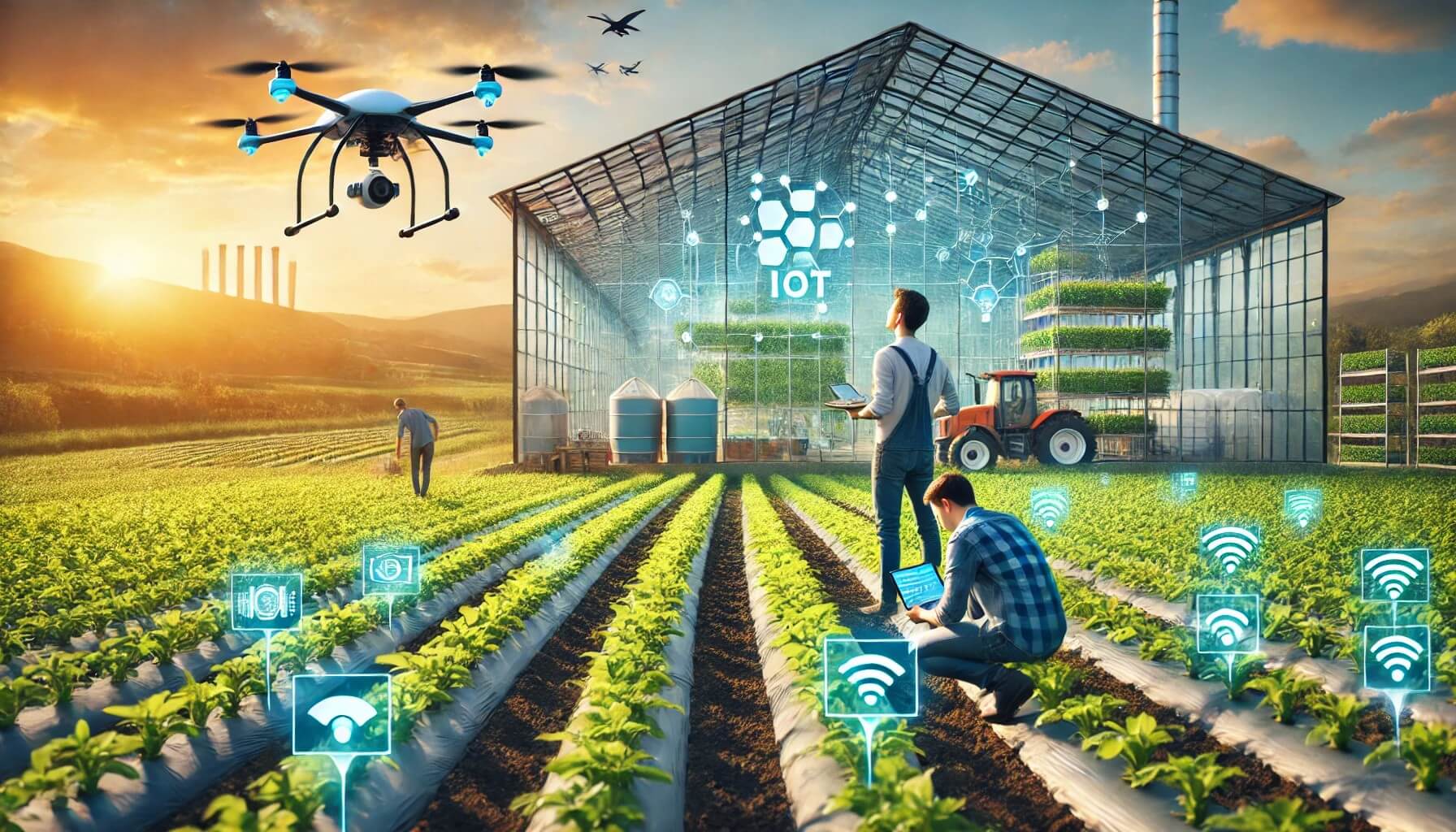 드론과 IoT 기기를 활용하여 농작물을 모니터링하는 젊은 농부들