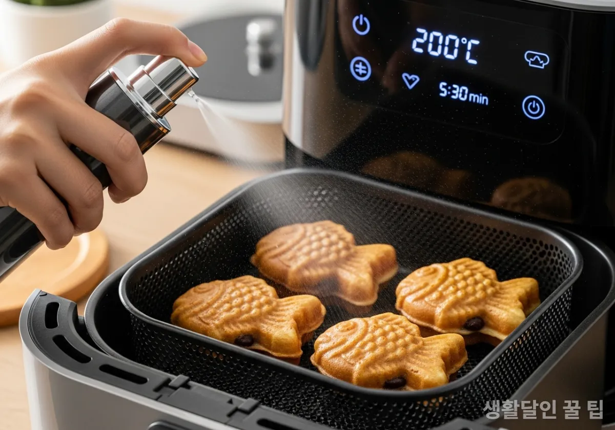 에어프라이어 바스켓에 담긴 붕어빵에 분무기로 물을 뿌리는 장면