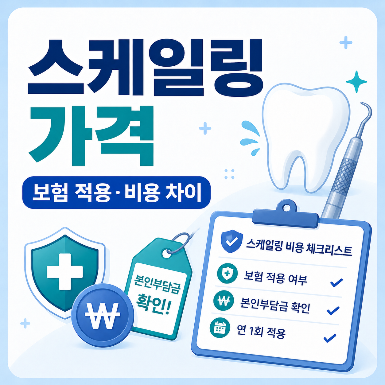 스케일링 가격과 건강보험 적용 여부, 본인부담금 차이를 설명하는 이미지