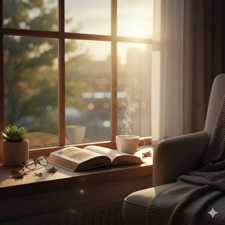 창가에 놓인 책과 따뜻한 커피 한 잔, 편안하고 잔잔한 분위기의 감성 사진