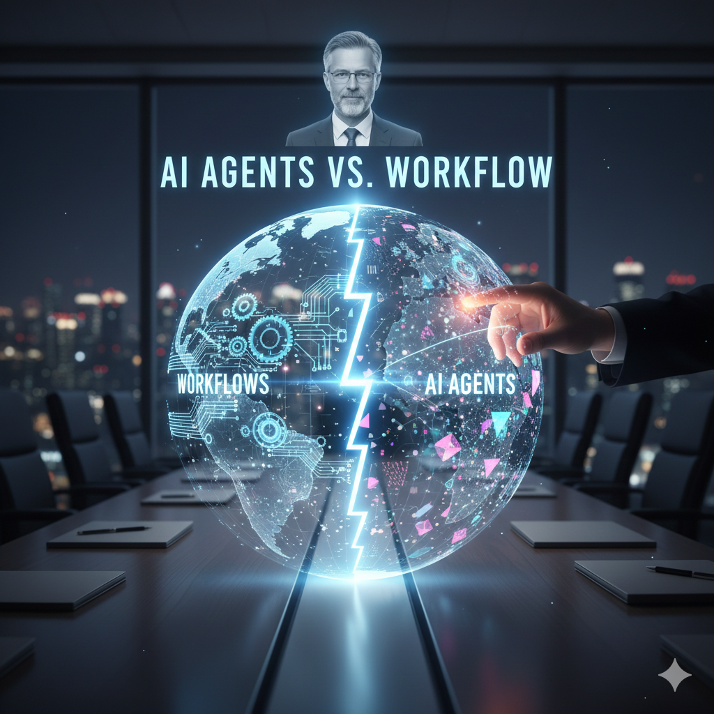 어두운 회의실 테이블 위에 홀로그램 지구가 떠 있는 모습이에요. 지구는 번개 모양의 균열로 양분되어 있으며, 왼쪽에는 복잡한 회로도와 함께 'WORKFLOWS'라는 문구가, 오른쪽에는 디지털 데이터와 핑크색 아이콘들이 섞인 'AI AGENTS'라는 문구가 적혀 있어요. 한 남성의 손이 'AI AGENTS' 영역을 터치하고 있으며, 상단에는 안경을 쓴 지적인 남성의 초상화가 홀로그램으로 떠 있어요.