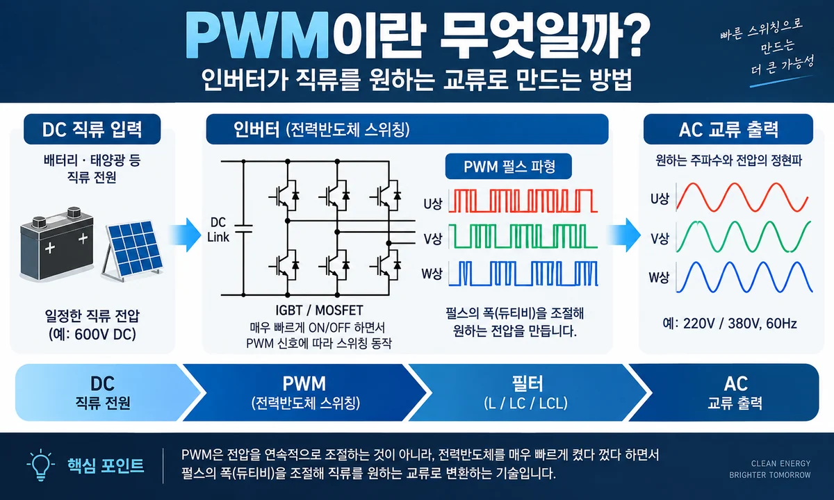 SPWM에서 기준 정현파와 삼각 반송파를 비교해 PWM 펄스 신호를 생성하는 원리