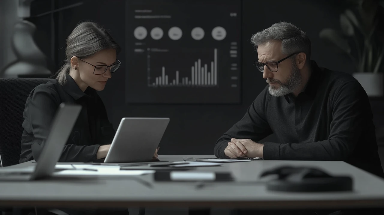 재무 상담가가 고객에게 다양한 포트폴리오 전략을 시각적 자료와 함께 제시하며 신뢰와 전문성이 돋보이는 장면입니다. 현대적인 환경에서 명확한 소통을 강조합니다.