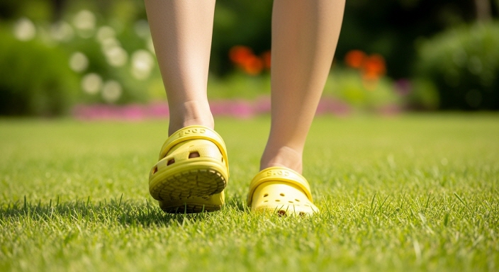 발끝만 보이게, 크록스를 신고 잔디밭을 걸어가는 여름날의 발끝 모습