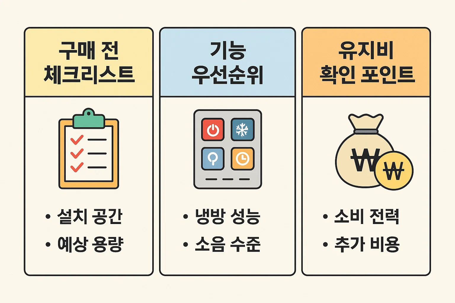 설치 공간, 예상 용량, 냉방 성능, 소음 수준, 유지비와 소비전력까지 구매 전 확인 포인트를 정리한 인포그래픽.