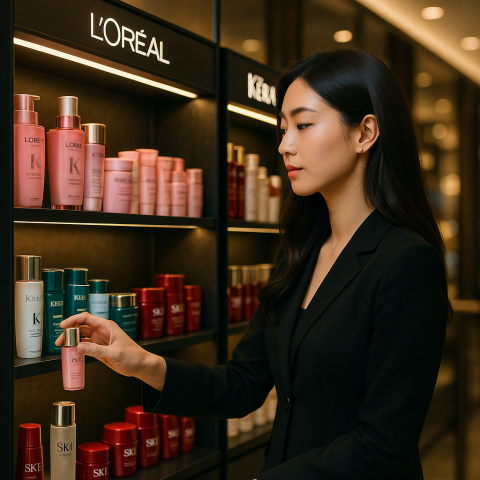 올영세일 기간 고급화장품을 고르는 여상