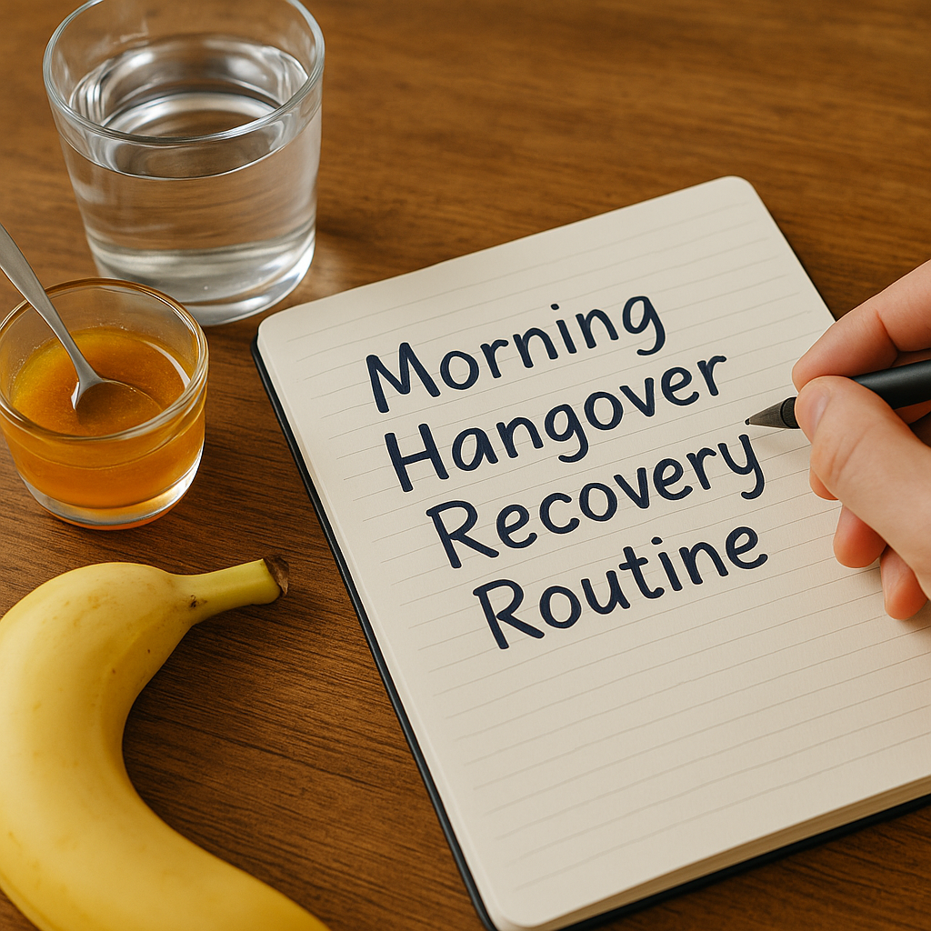 나무 테이블 위에 놓인 노트에 'Morning Hangover Recovery Routine'이라는 문구를 손으로 쓰고 있으며, 옆에는 물 한 잔, 꿀이 담긴 작은 컵과 숟가락, 바나나가 함께 놓여 있는 장면