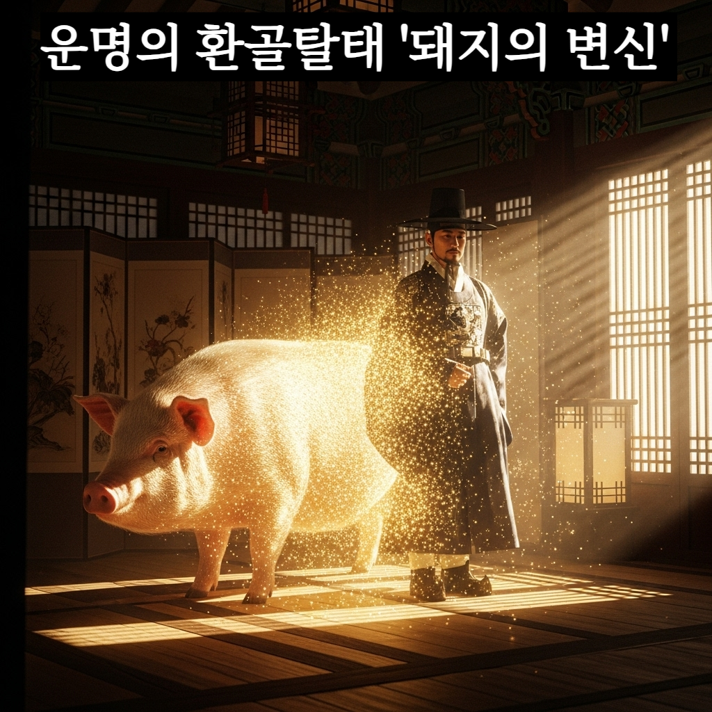 황금빛 아우라 속에서 거대한 돼지가 인자한 인상의 한국 전통 의복을 입은 현자로 변해가는 신비롭고 웅장한 순간의 일러스트