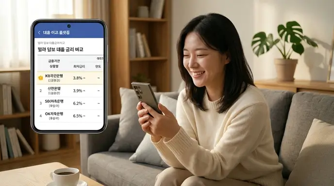 스마트폰 대출 비교 플랫폼을 통해 1금융권부터 저축은행 후순위까지 다양한 빌라 담보 대출 금리를 한 번에 비교하고 안도하는 소비자의 모습