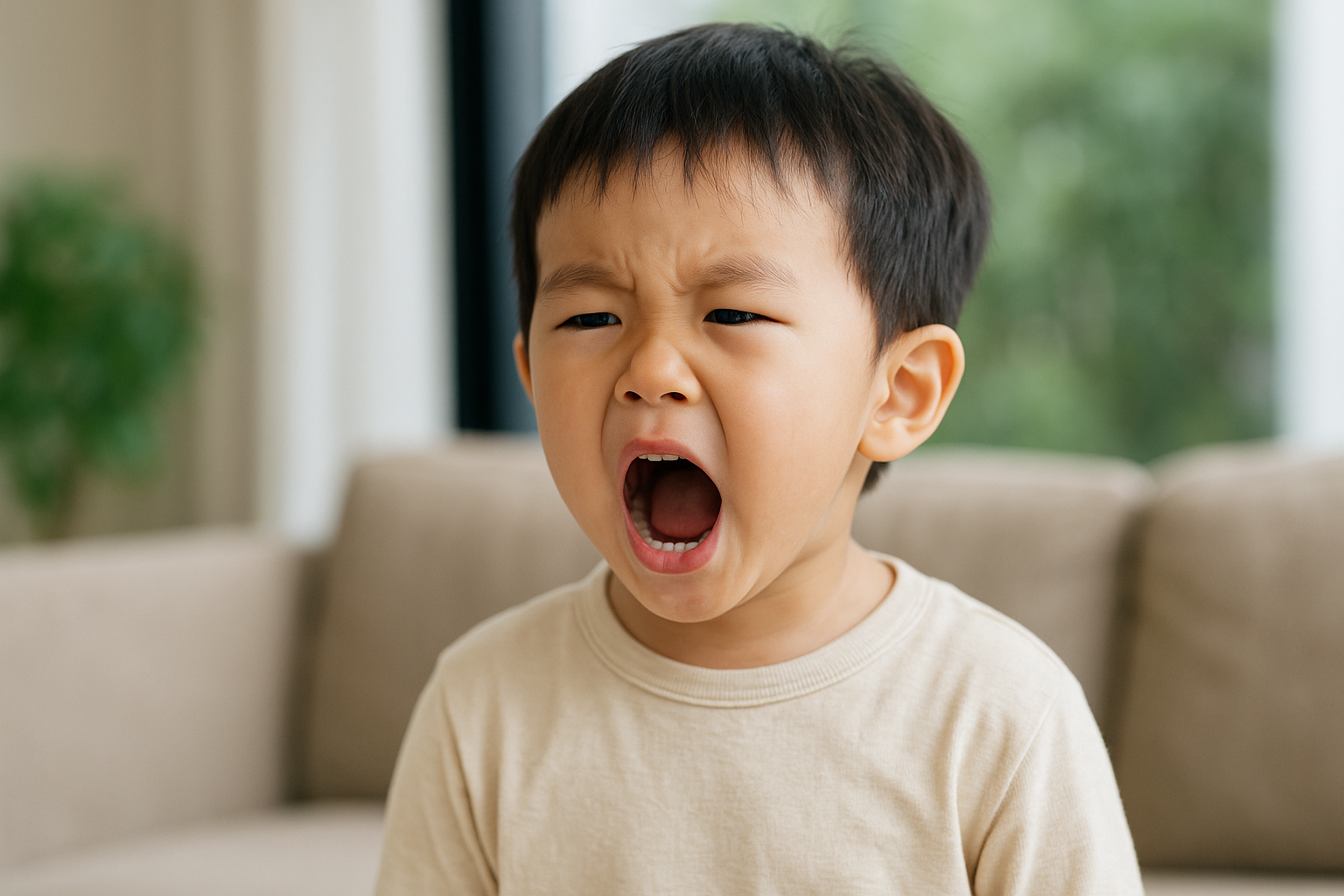 거실에서 감정을 주체하지 못하고 소리를 지르는 3~5세 어린이 모습, 아이의 감정 표현을 보여주는 사진