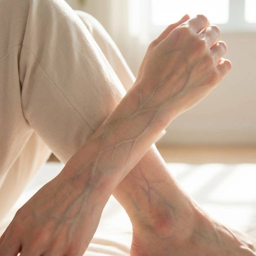 사람의 팔과 다리에 비치는 가느다란 혈관망이 투명하게 보이는 모습, 혈액순환 상태를 나타내는 푸른색과 붉은색의 흐름