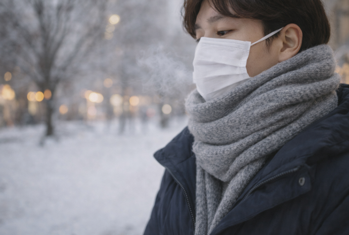 한파가 이어지는 겨울 거리에서 마스크와 두꺼운 목도리를 착용한 사람이 차가운 공기 속에서 호흡기를 보호하며 서 있는 모습