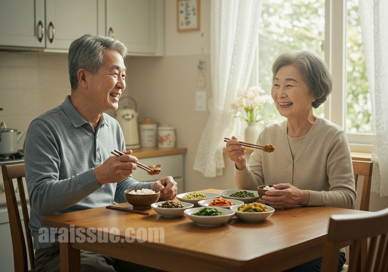 식사 순서를 지켜 건강을 실천하는 노부부 모습