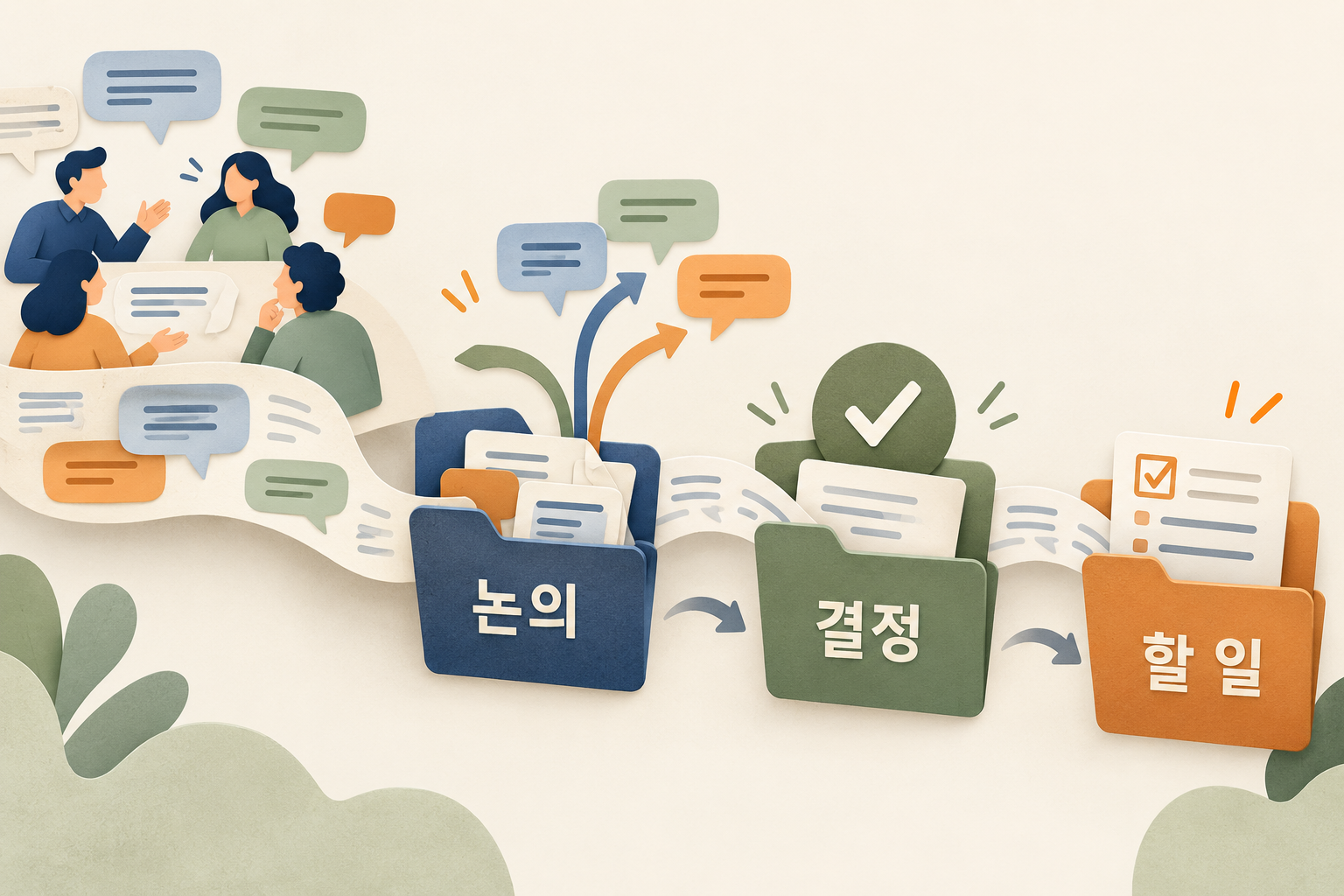 회의의 여러 발언을 논의와 결정 및 할 일 폴더로 나눠 정리하는 그림