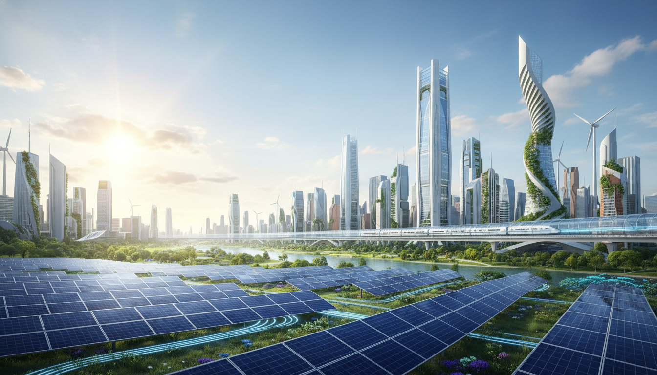 2026년 태양광 발전으로 에너지를 얻는 현대적인 도시의 모습. 고효율 태양광 패널이 강조된 지속 가능한 에너지 미래.