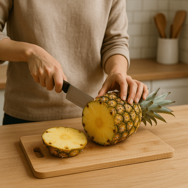 붓기에 좋은 파인애플을 자르는 장면