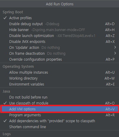 IntelliJ IDEA Run Configuration에서 VM options 추가 메뉴