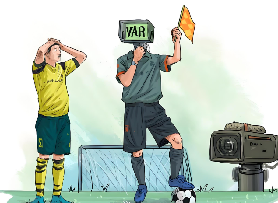 축구심판이var을확인하는장면을만화로한사진