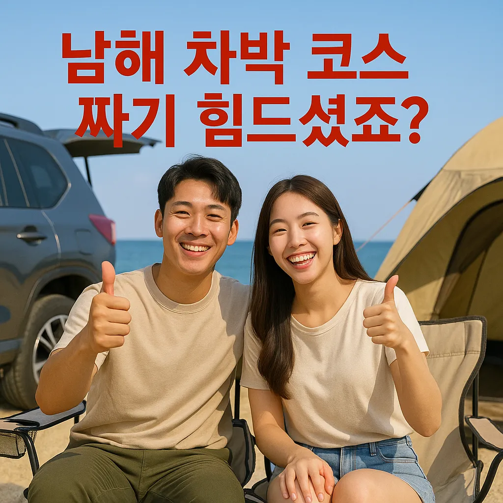 남해 바닷가 차박 캠핑장에서 엄지척 포즈로 만족스러운 미소를 짓는 20대 한국 남녀 커플, SUV와 텐트가 배경